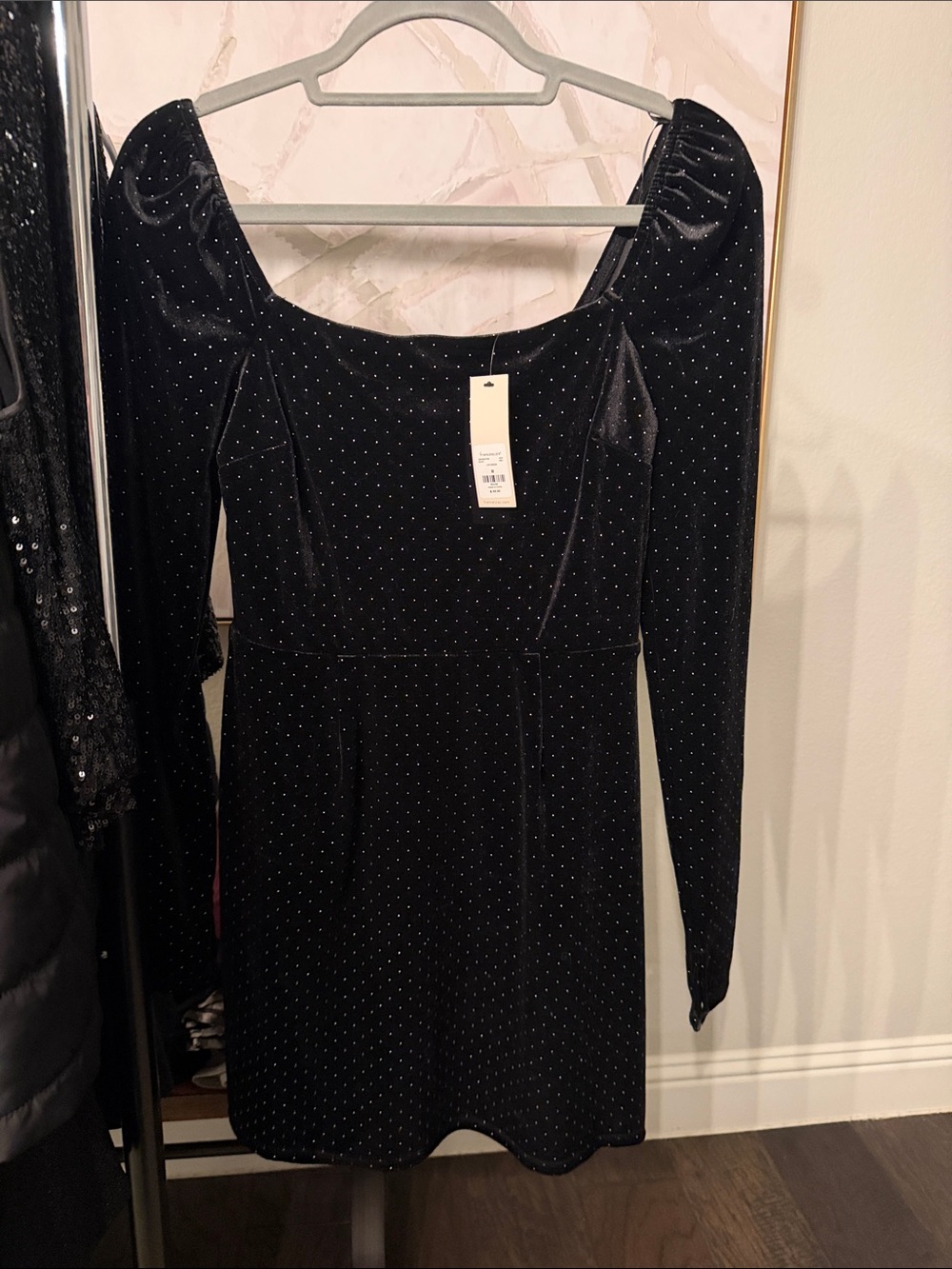 Francesca's Collections Black Velvet Long-Sleeve Mini Dress with Sparkle Dots